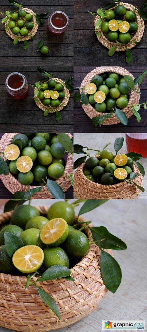 Green Kumquat Fruit on Wooden Background