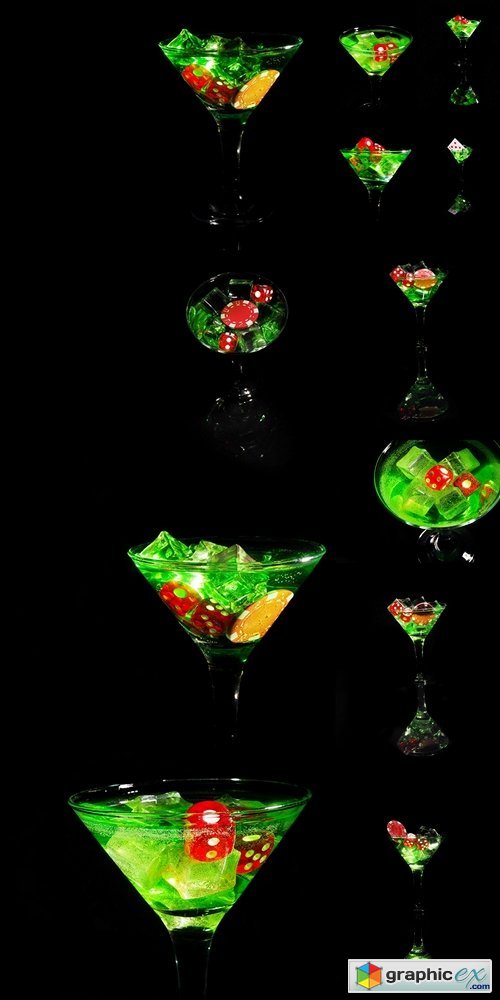 Red dice in a cocktail glass on black background. casino series