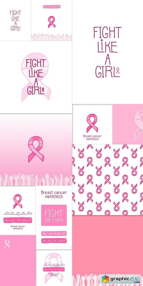 Pink ribbon, international symbol of breast cancer awareness. hand drawn illustration with raised hands of many people