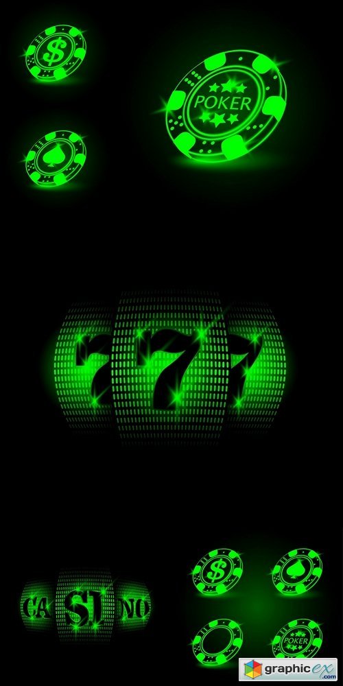 Set of poker chip. Neon vector illustration