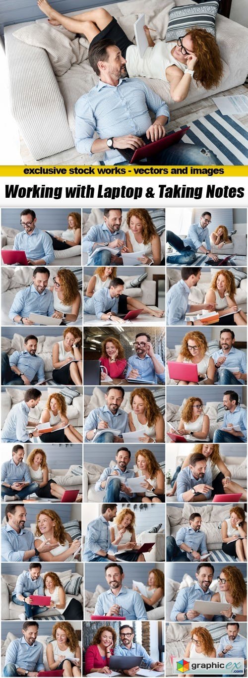 Woman and Man - Working with Laptop & Taking Notes - 25xUHQ JPEG