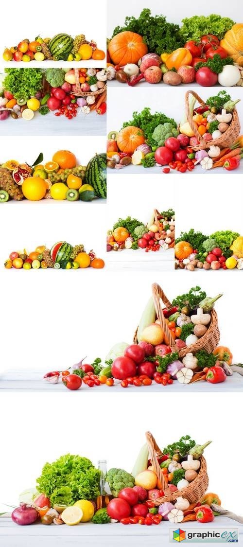 Fresh Vegetables and Fruits Isolated on White Background