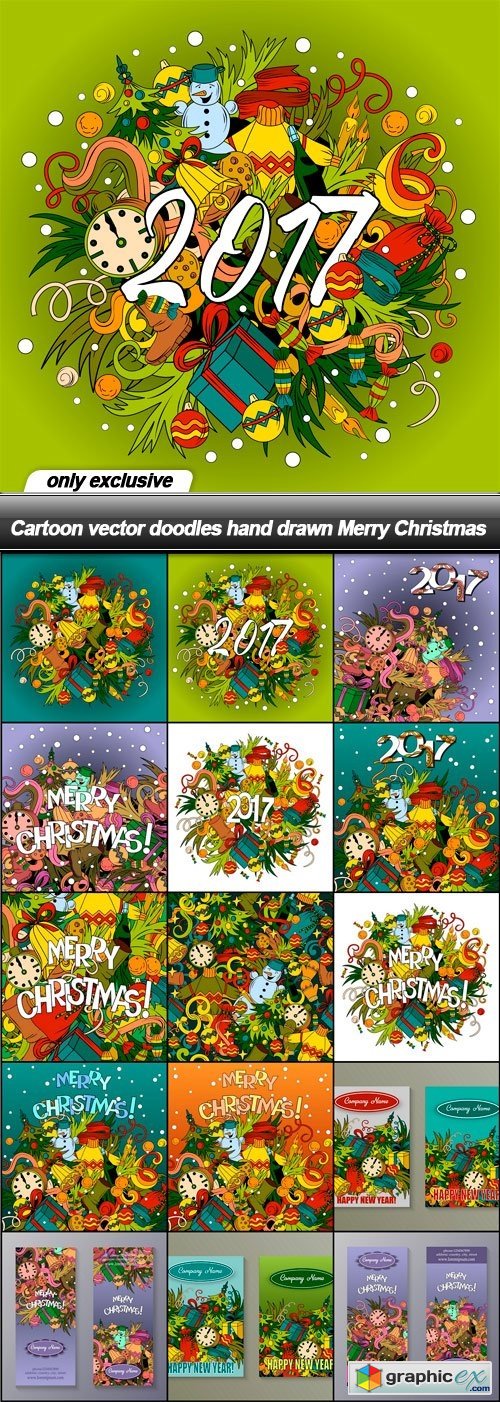 Cartoon vector doodles hand drawn Merry Christmas - 15 EPS
