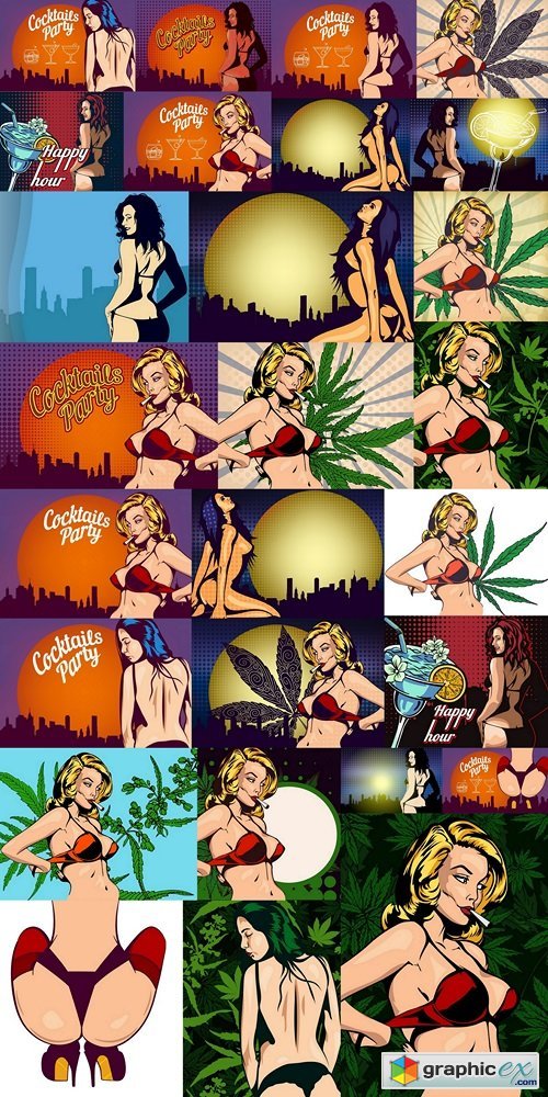 Hot girl back undressing vector pic with cannabis leaf