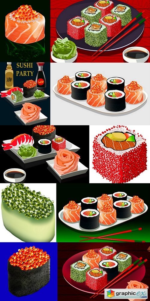Sushi set with bottles of rice vinegar and soy sauce, vector illustration, isolated on dark blue