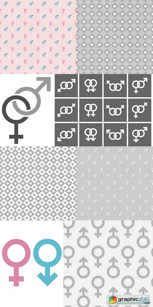 Seamless pattern of blue male and pink female gender symbols on light pink background