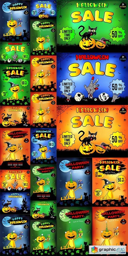 Halloween, funny cat sitting on a pumpkin, sale of goods, discount, illustration, poster, orange background