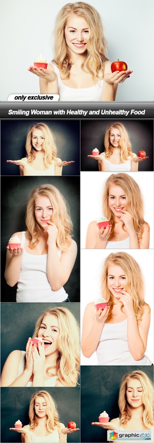 Smiling Woman with Healthy and Unhealthy Food - 9 UHQ JPEG