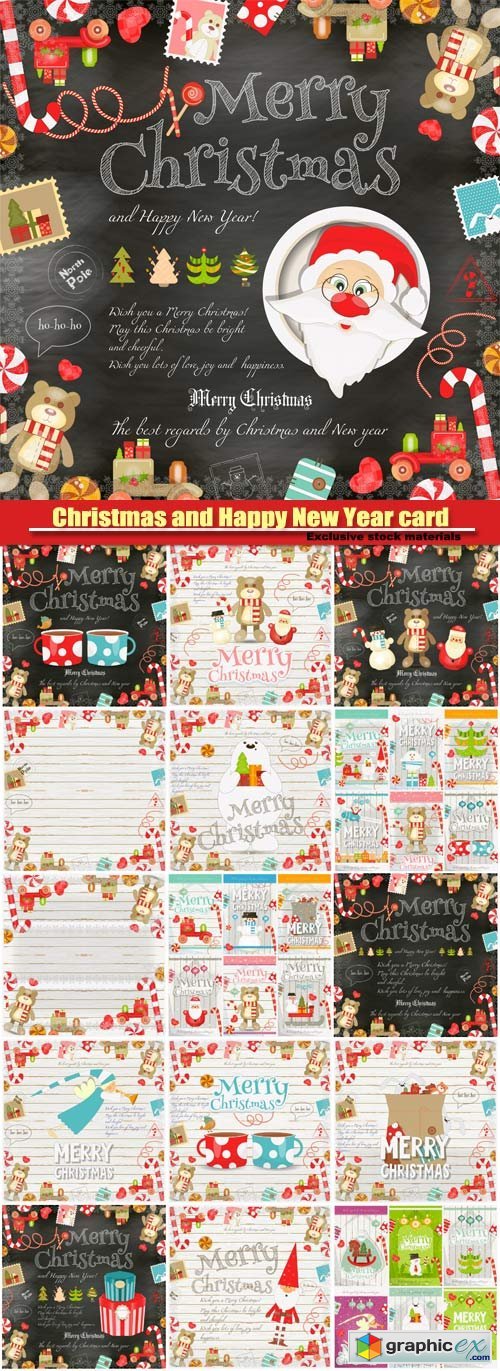 Merry Christmas and New Year card, holiday frame, santa claus and symbols