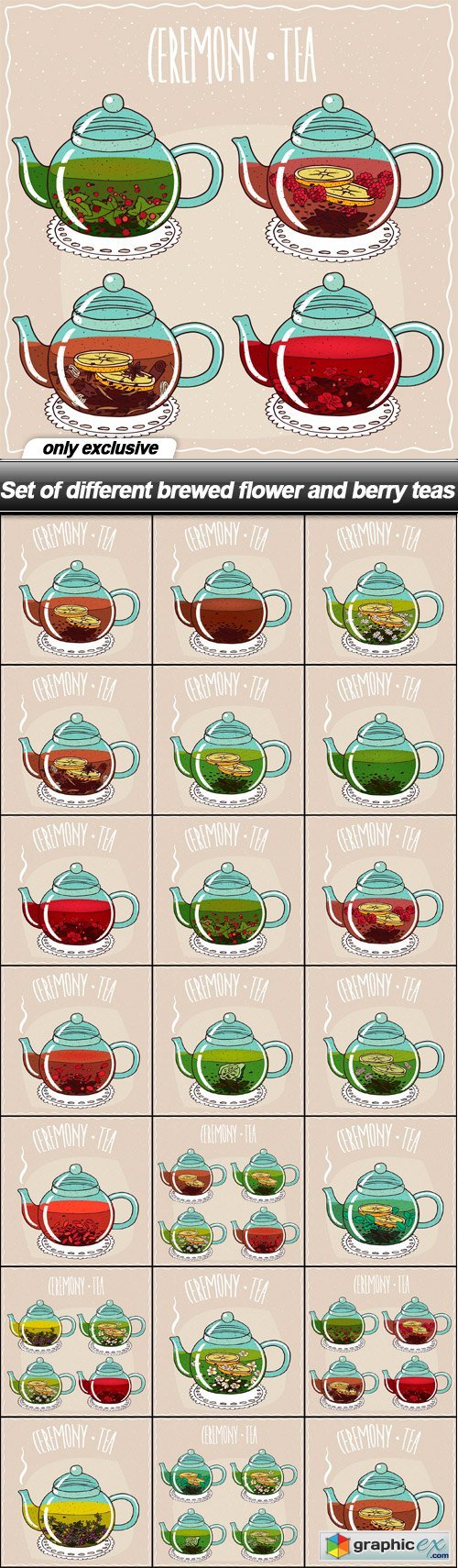 Set of different brewed flower and berry teas - 20 EPS