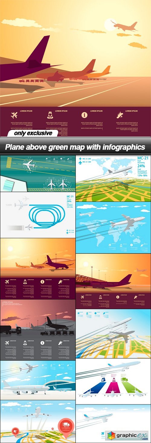 Plane above green map with infographics - 13 EPS