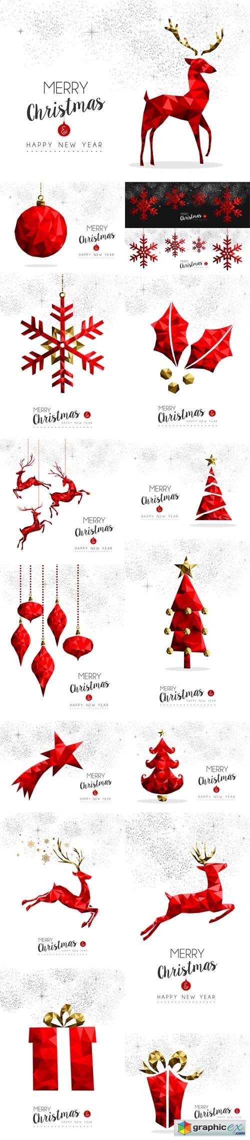 Red Christmas Tree, Deer and Gift Decoration for Greeting Card