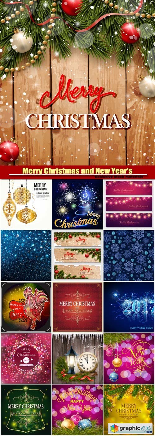 Merry Christmas and New Year&#039;s vector background, bokeh lights, rooster symbol of 2017