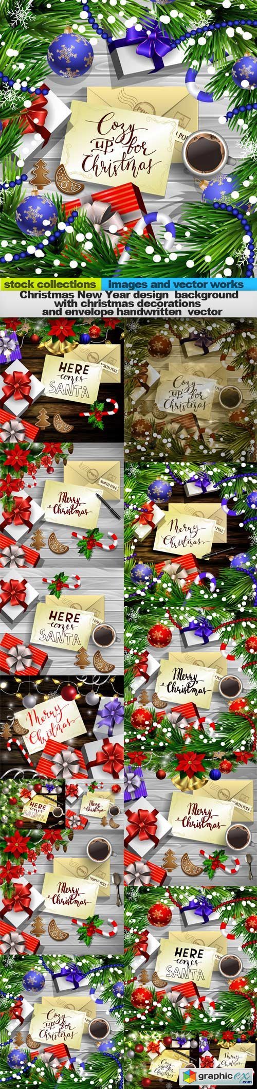 Christmas New Year design background with christmas decorations and envelope handwritten vector, 15 x EPS