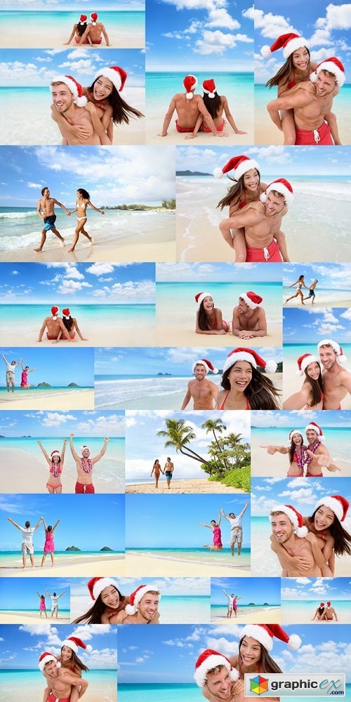 Christmas vacation beach couple banner panorama. Wide paradise beach background with Asian bikini woman having couple fun laughing in christmas santa hat