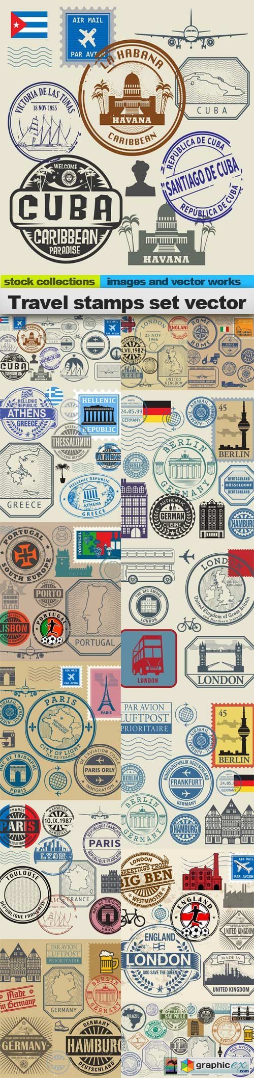 Travel stamps set vector 2, 15 x EPS