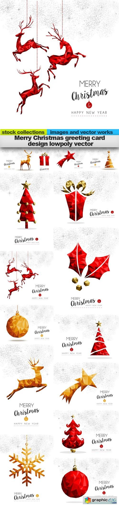 Merry Christmas greeting card design lowpoly vector, 15 x EPS