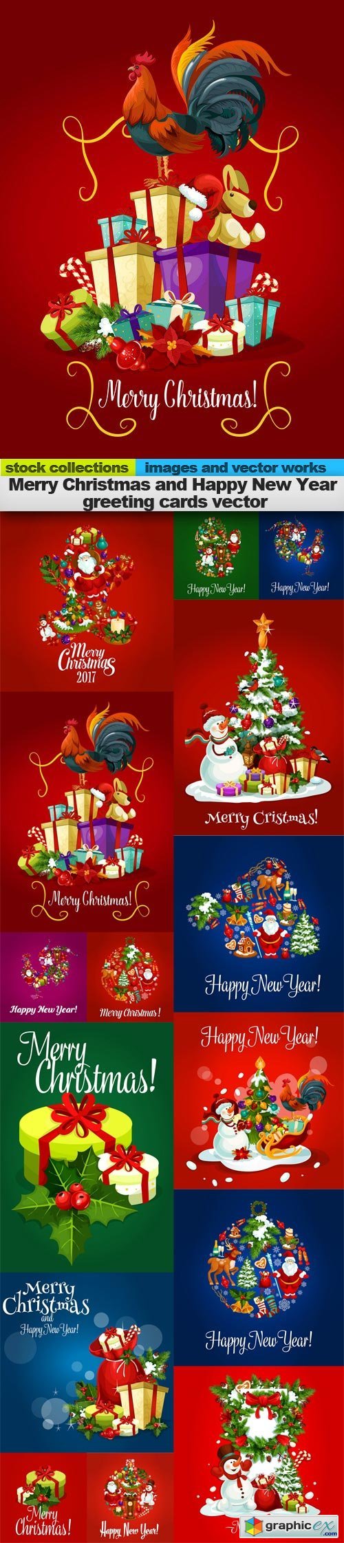 Merry Christmas and Happy New Year greeting cards vector, 15 x EPS