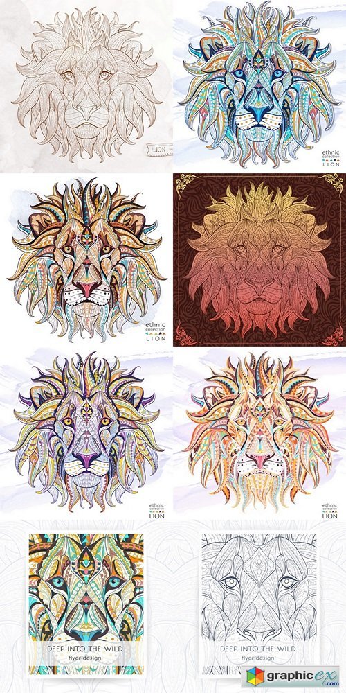 Patterned head of the lion on the grunge background. African indian totem tattoo design