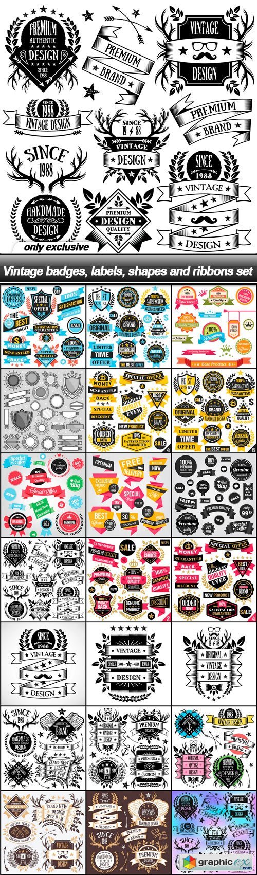 Vintage badges, labels, shapes and ribbons set - 21 EPS
