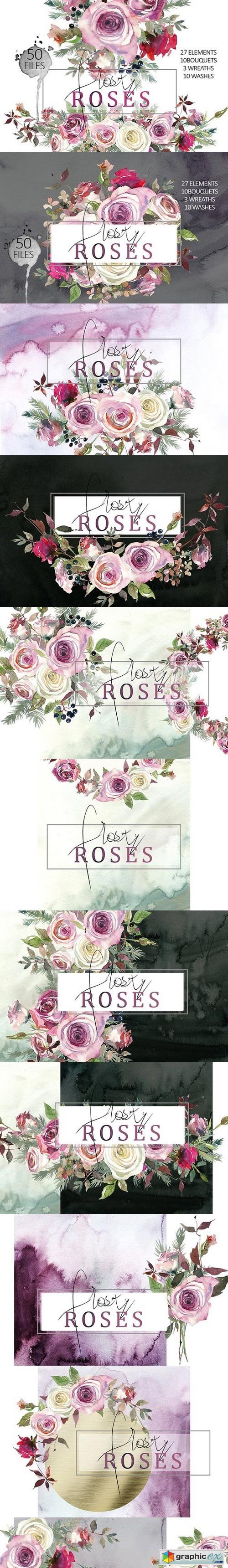 Frosty Roses Watercolor Flowers Set
