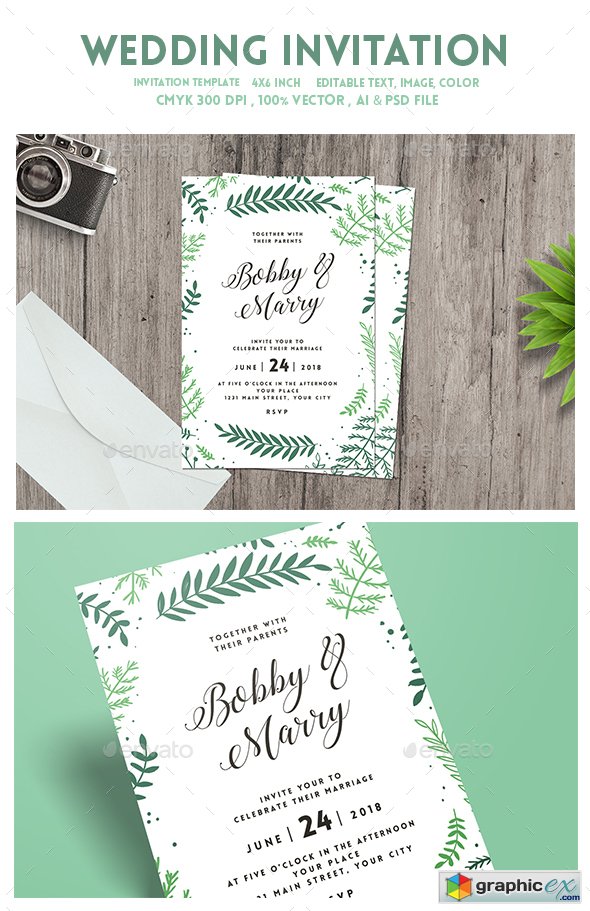 Green Floral Wedding Invitation