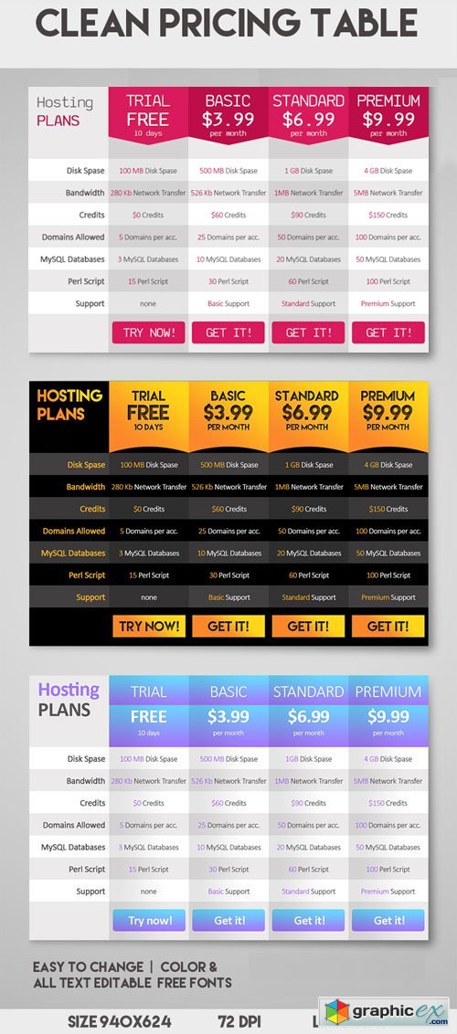 Clean Pricing Table PSD Templates