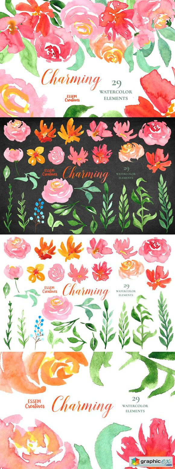 Pink Florals Watercolor Clipart Set