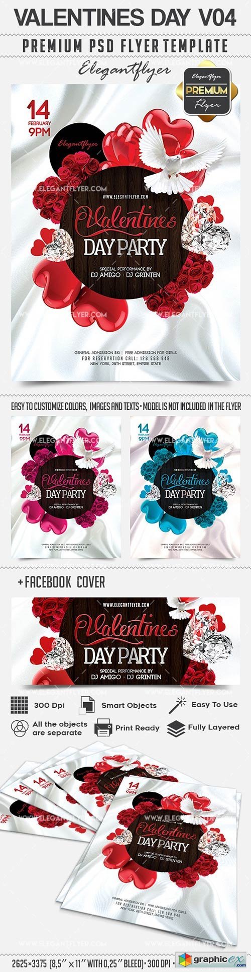 Valentines Day V04  Flyer PSD Template + Facebook Cover