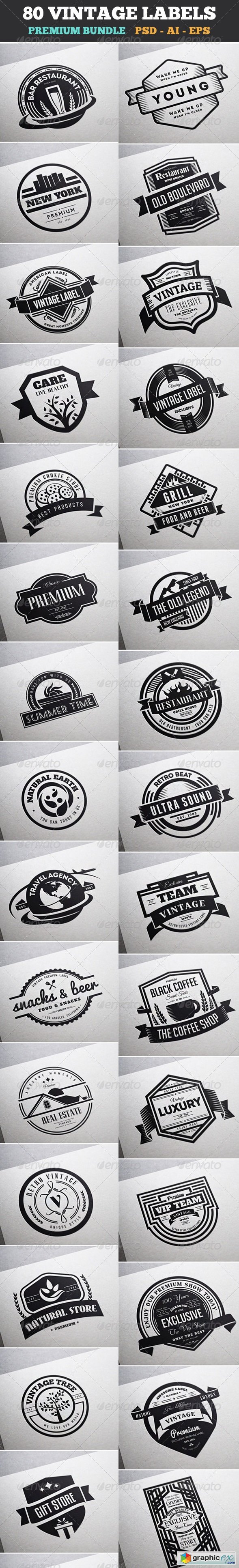 80 Vintage Labels & Badges Logos Bundle