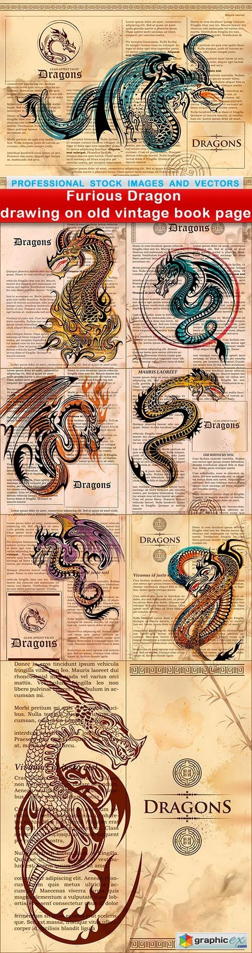 Furious Dragon drawing on old vintage book page - 8 EPS
