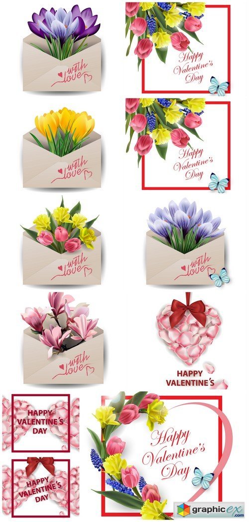 Valentines Day Card Colorful spring flowers in envelope 11X EPS