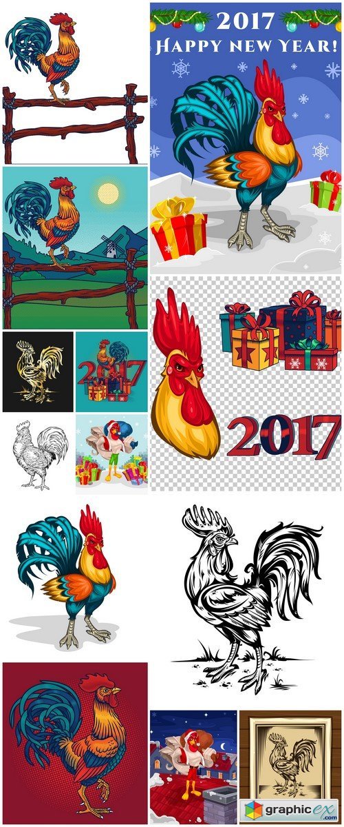 Color illustration of a rooster 2017 13X EPS