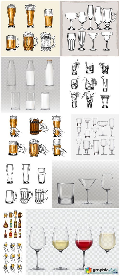 Set of empty cocktail, beer glasses and mugs 11X EPS