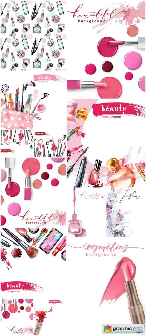 Beauty background lipstick, nail, perfumes, mascara 13X EPS