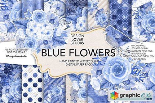 Watercolor BLUE FLOWERS Digital Paper Pack