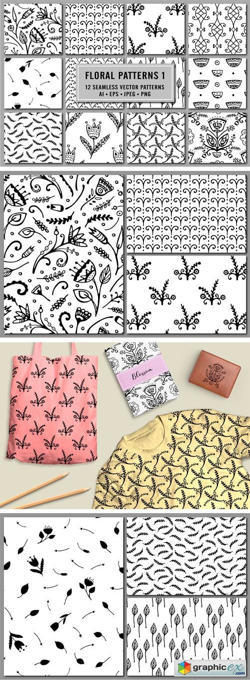 12 Hand Drawn Floral Patterns