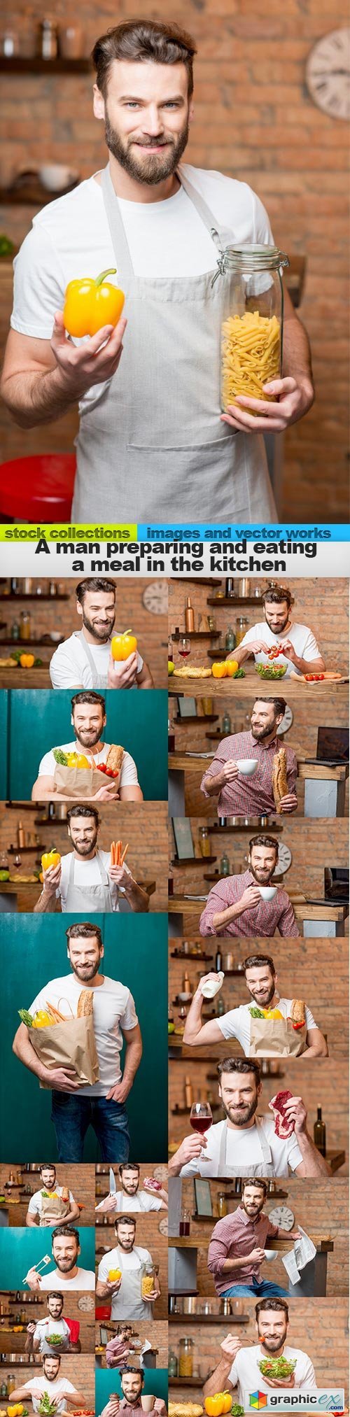 A man preparing and eating a meal in the kitchen, 19 x UHQ JPEG