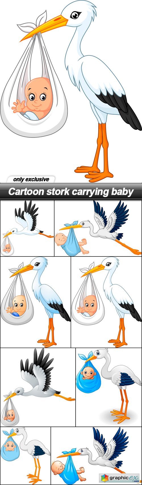 Cartoon stork carrying baby - 8 EPS