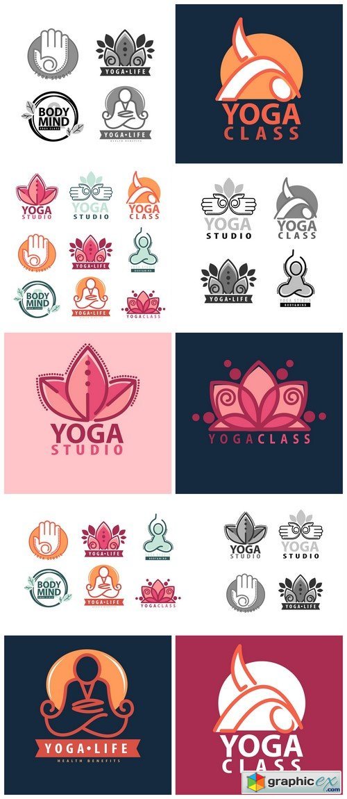 Yoga monograms and logos set, icons and badges 10X EPS
