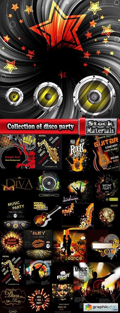 Collection of disco party flyer banner fireworks rock concert jazz guitar 24 EPS