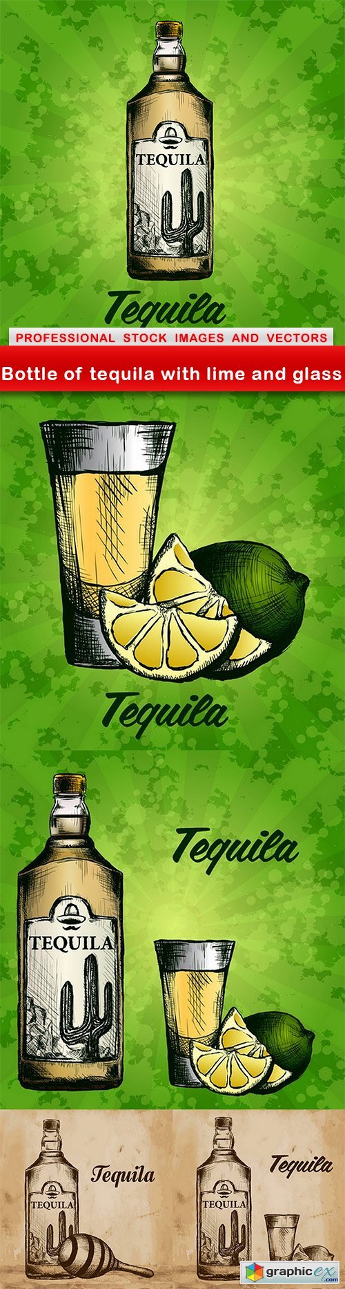 Bottle of tequila with lime and glass - 5 EPS