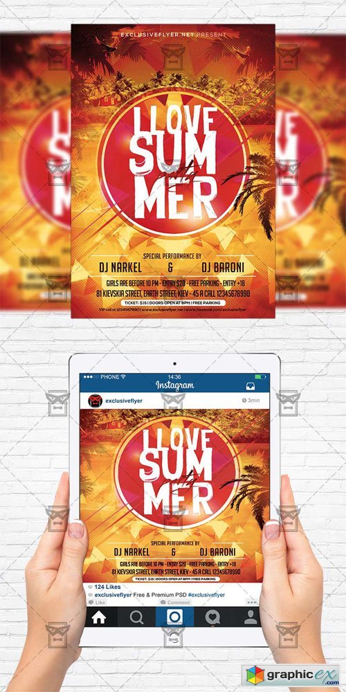 I Love Summer - Flyer Template + Instagram Size Flyer