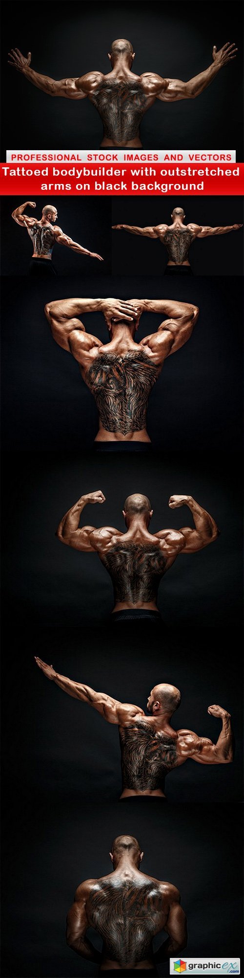 Tattoed bodybuilder with outstretched arms on black background - 7 UHQ JPEG