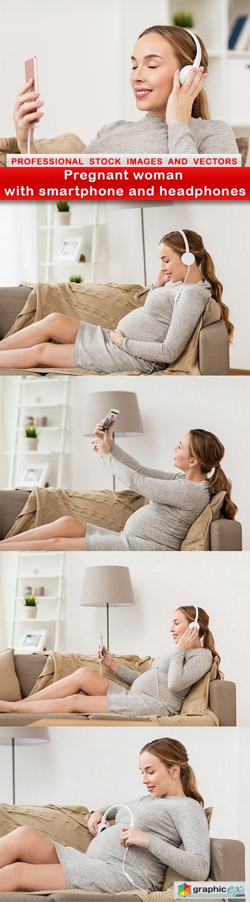 Pregnant woman with smartphone and headphones - 5 UHQ JPEG