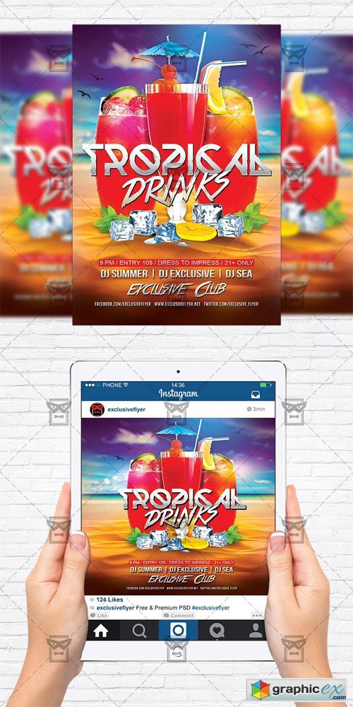 Tropical Drinks - Flyer Template + Instagram Size Flyer