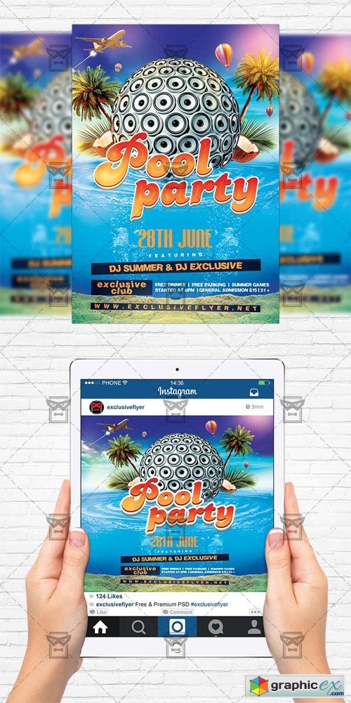 Summer Pool Party - Flyer Template + Instagram Size Flyer