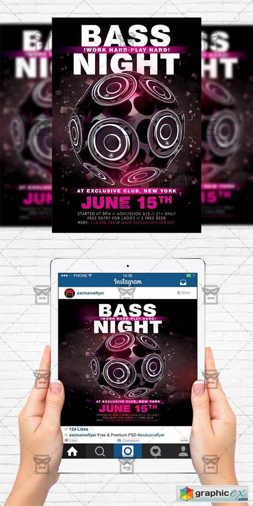 Bass Night - Flyer Template + Instagram Size Flyer