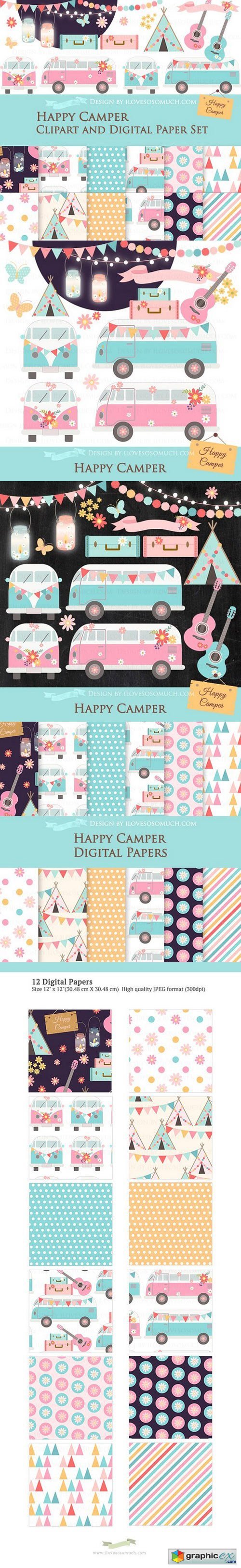 Happy Camper Clipart+Pattern set