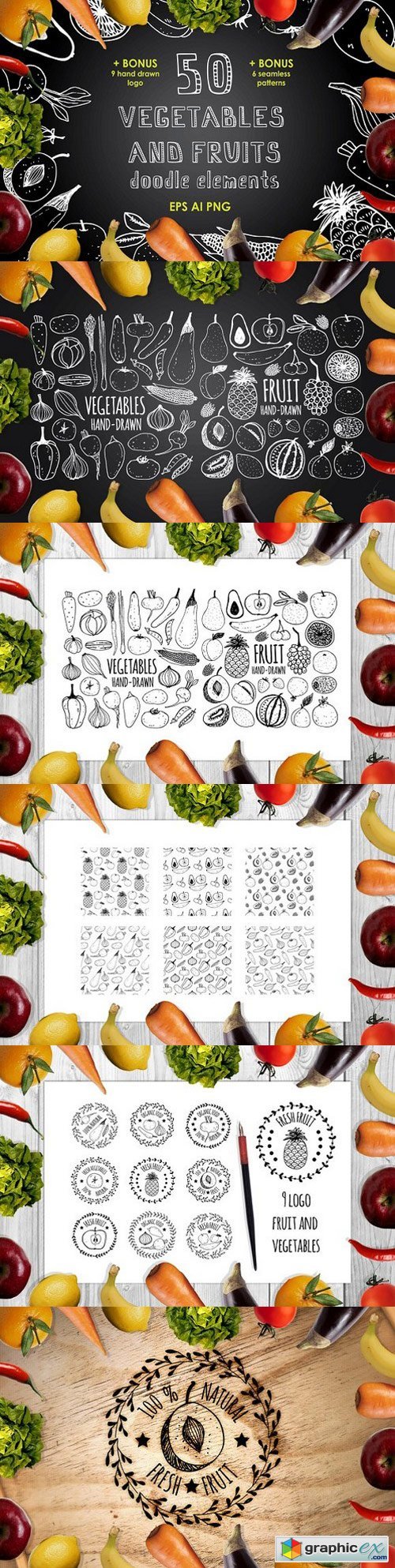 50 vegetables and fruits elements